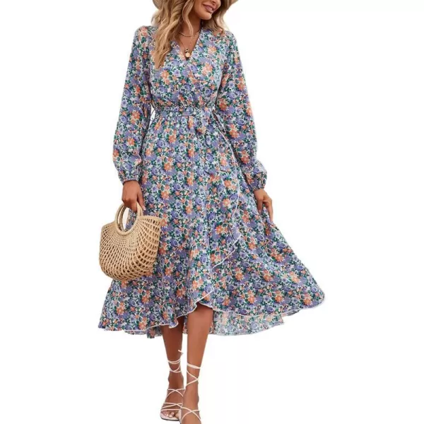 imagePRETTYGARDEN Womens Long Sleeve Vintage Flowy Dress Floral Print VNeck Maxi Dresses with BeltPurple