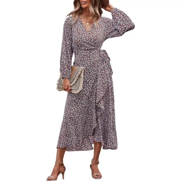 imagePRETTYGARDEN Womens Long Sleeve Vintage Flowy Dress Floral Print VNeck Maxi Dresses with BeltRed