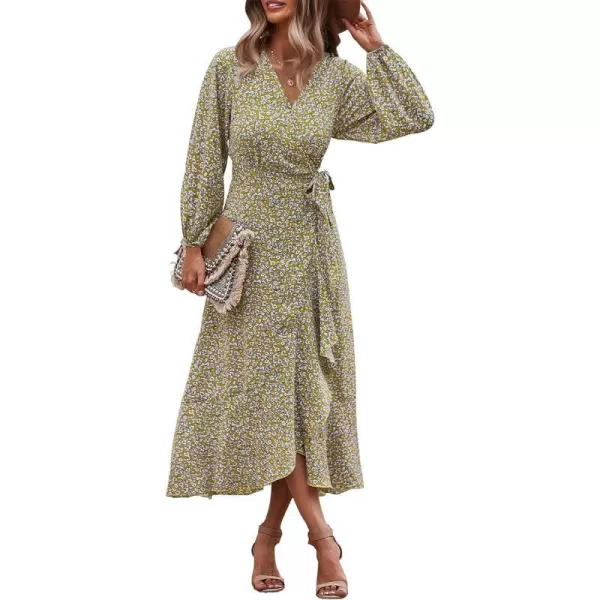 imagePRETTYGARDEN Womens Long Sleeve Vintage Flowy Dress Floral Print VNeck Maxi Dresses with BeltYellow