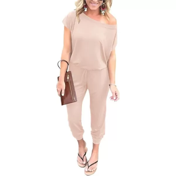imagePRETTYGARDEN Womens Loose Solid Off Shoulder Elastic Waist Stretchy Long Romper JumpsuitBeige