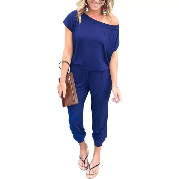 imagePRETTYGARDEN Womens Loose Solid Off Shoulder Elastic Waist Stretchy Long Romper JumpsuitBlue