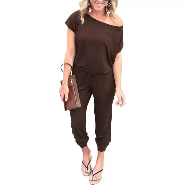 imagePRETTYGARDEN Womens Loose Solid Off Shoulder Elastic Waist Stretchy Long Romper JumpsuitBrown