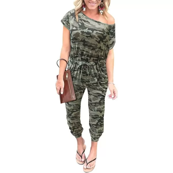 imagePRETTYGARDEN Womens Loose Solid Off Shoulder Elastic Waist Stretchy Long Romper JumpsuitCamouflage