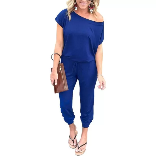 imagePRETTYGARDEN Womens Loose Solid Off Shoulder Elastic Waist Stretchy Long Romper JumpsuitDark Blue