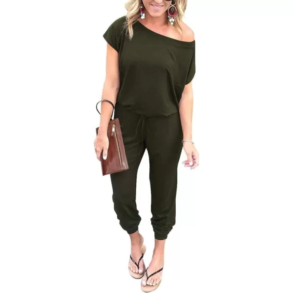 imagePRETTYGARDEN Womens Loose Solid Off Shoulder Elastic Waist Stretchy Long Romper JumpsuitGreen