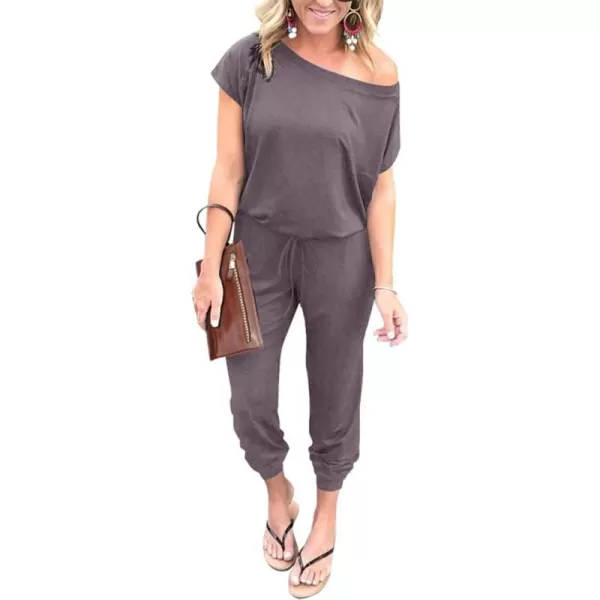 imagePRETTYGARDEN Womens Loose Solid Off Shoulder Elastic Waist Stretchy Long Romper JumpsuitGrey