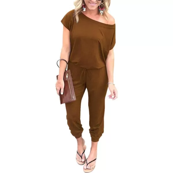 imagePRETTYGARDEN Womens Loose Solid Off Shoulder Elastic Waist Stretchy Long Romper JumpsuitLight Brown