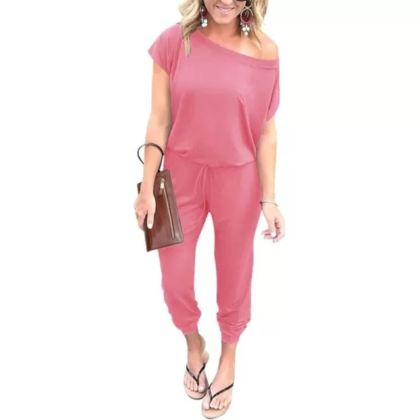 imagePRETTYGARDEN Womens Loose Solid Off Shoulder Elastic Waist Stretchy Long Romper JumpsuitLight Pink