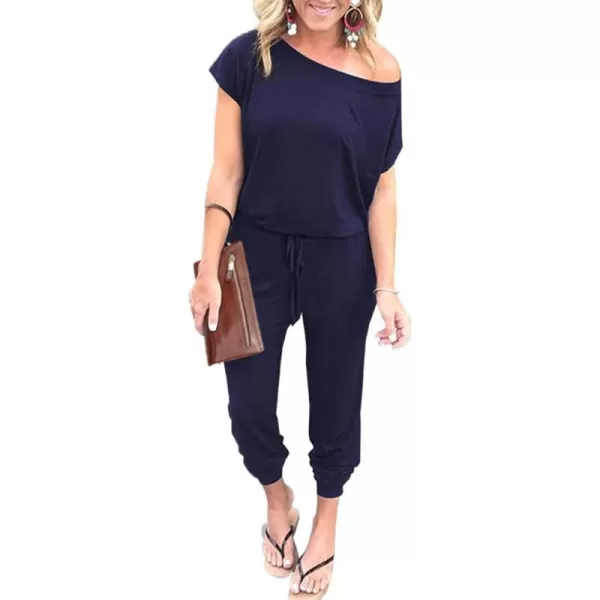 imagePRETTYGARDEN Womens Loose Solid Off Shoulder Elastic Waist Stretchy Long Romper JumpsuitNavy