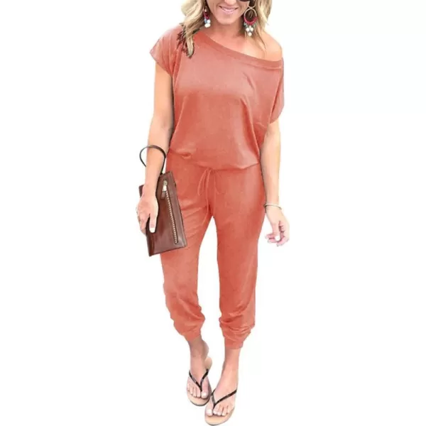 imagePRETTYGARDEN Womens Loose Solid Off Shoulder Elastic Waist Stretchy Long Romper JumpsuitPink