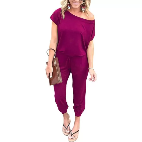 imagePRETTYGARDEN Womens Loose Solid Off Shoulder Elastic Waist Stretchy Long Romper JumpsuitPurple