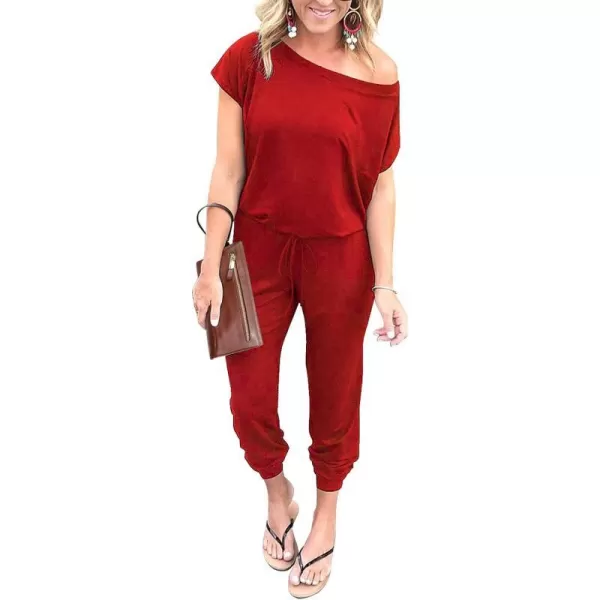 imagePRETTYGARDEN Womens Loose Solid Off Shoulder Elastic Waist Stretchy Long Romper JumpsuitRed