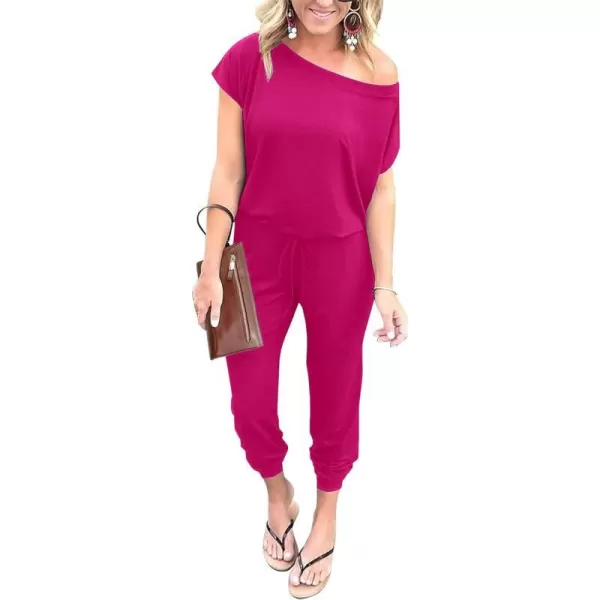 imagePRETTYGARDEN Womens Loose Solid Off Shoulder Elastic Waist Stretchy Long Romper JumpsuitRose Red