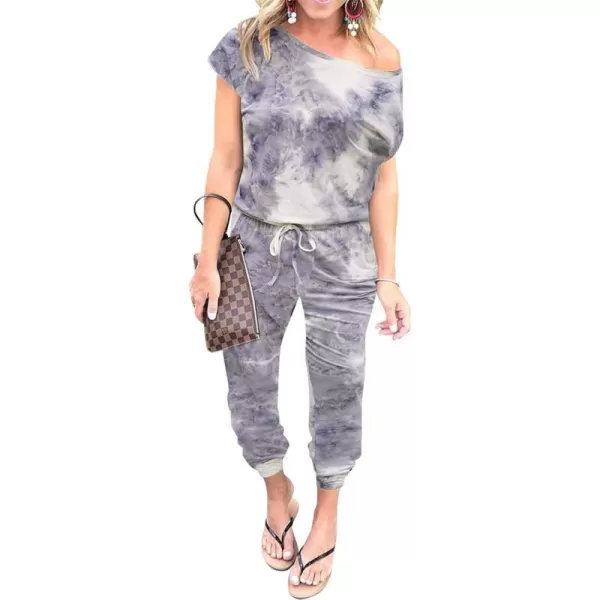 imagePRETTYGARDEN Womens Loose Solid Off Shoulder Elastic Waist Stretchy Long Romper JumpsuitTie Dyegrey