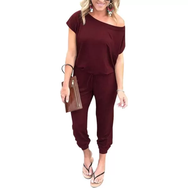imagePRETTYGARDEN Womens Loose Solid Off Shoulder Elastic Waist Stretchy Long Romper JumpsuitWine Red