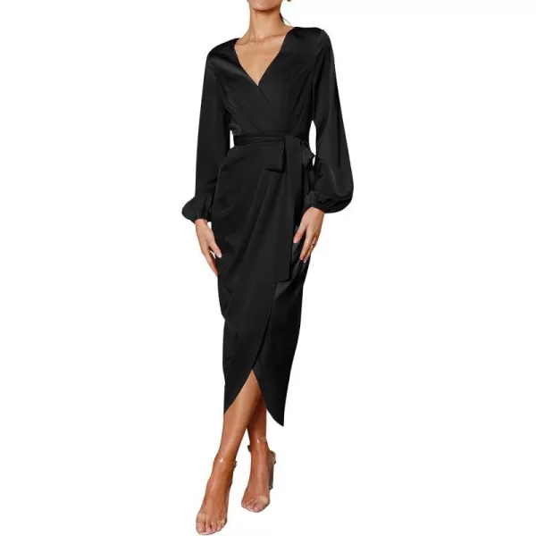 imagePRETTYGARDEN Womens Maxi Satin Puff Sleeve Wrap V Neck Ruched Belted Long Formal Cocktail DressesBlack