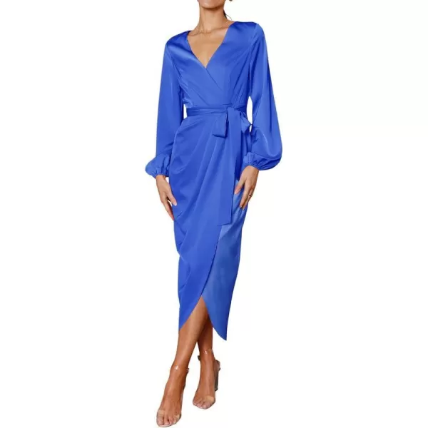 imagePRETTYGARDEN Womens Maxi Satin Puff Sleeve Wrap V Neck Ruched Belted Long Formal Cocktail DressesBlue