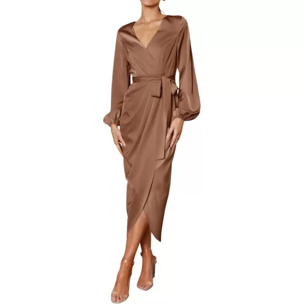 imagePRETTYGARDEN Womens Maxi Satin Puff Sleeve Wrap V Neck Ruched Belted Long Formal Cocktail DressesBrown