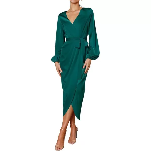 imagePRETTYGARDEN Womens Maxi Satin Puff Sleeve Wrap V Neck Ruched Belted Long Formal Cocktail DressesDark Green