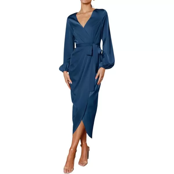 imagePRETTYGARDEN Womens Maxi Satin Puff Sleeve Wrap V Neck Ruched Belted Long Formal Cocktail DressesNavy