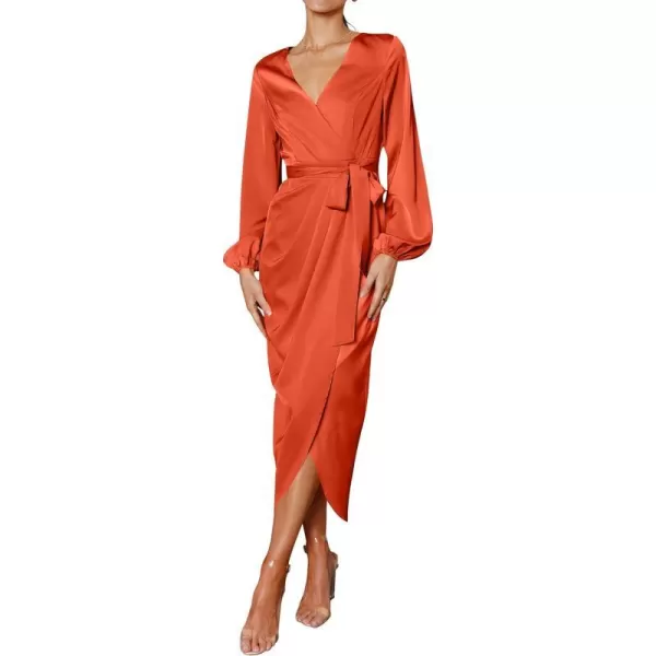 imagePRETTYGARDEN Womens Maxi Satin Puff Sleeve Wrap V Neck Ruched Belted Long Formal Cocktail DressesOrange