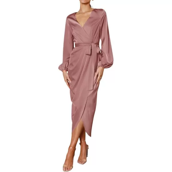 imagePRETTYGARDEN Womens Maxi Satin Puff Sleeve Wrap V Neck Ruched Belted Long Formal Cocktail DressesPink