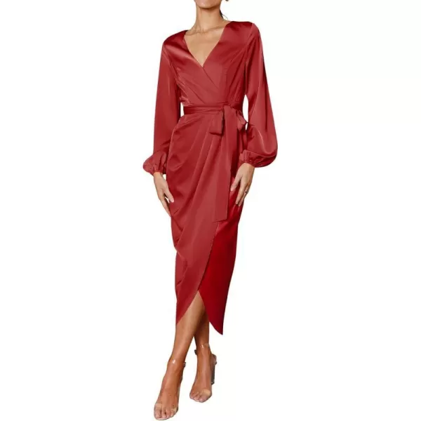 imagePRETTYGARDEN Womens Maxi Satin Puff Sleeve Wrap V Neck Ruched Belted Long Formal Cocktail DressesRed