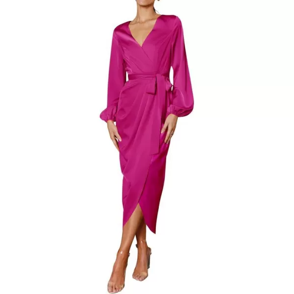 imagePRETTYGARDEN Womens Maxi Satin Puff Sleeve Wrap V Neck Ruched Belted Long Formal Cocktail DressesRose Red