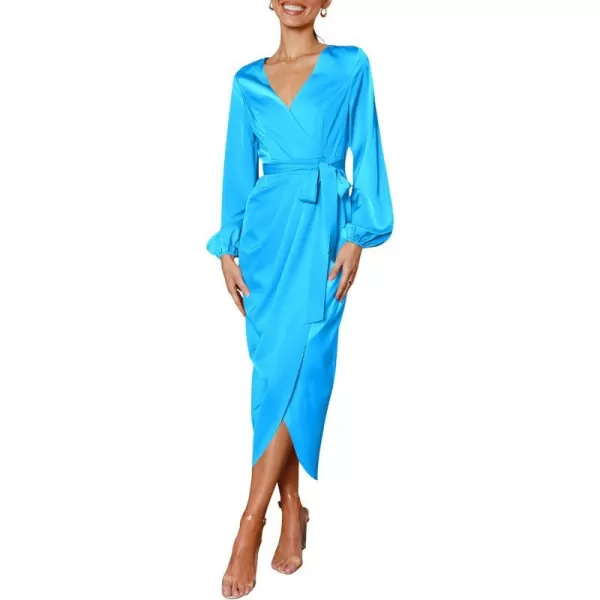 imagePRETTYGARDEN Womens Maxi Satin Puff Sleeve Wrap V Neck Ruched Belted Long Formal Cocktail DressesSky Blue
