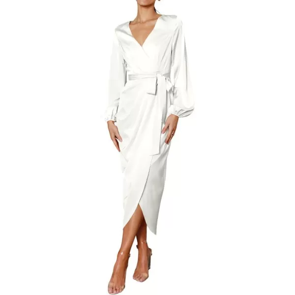 imagePRETTYGARDEN Womens Maxi Satin Puff Sleeve Wrap V Neck Ruched Belted Long Formal Cocktail DressesWhite
