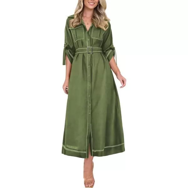 imagePRETTYGARDEN Womens Maxi Shirt Dress Casual 34 Sleeve Button Down Lapel V Neck A Line Belted Long DressesArmy Green