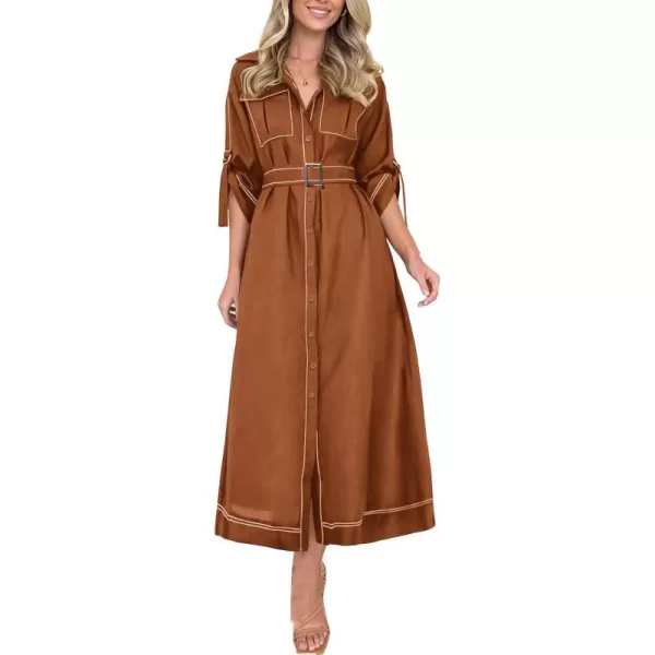 imagePRETTYGARDEN Womens Maxi Shirt Dress Casual 34 Sleeve Button Down Lapel V Neck A Line Belted Long DressesCoffee