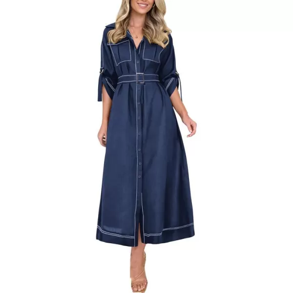 imagePRETTYGARDEN Womens Maxi Shirt Dress Casual 34 Sleeve Button Down Lapel V Neck A Line Belted Long DressesNavy