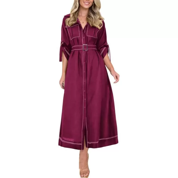 imagePRETTYGARDEN Womens Maxi Shirt Dress Casual 34 Sleeve Button Down Lapel V Neck A Line Belted Long DressesWine Red