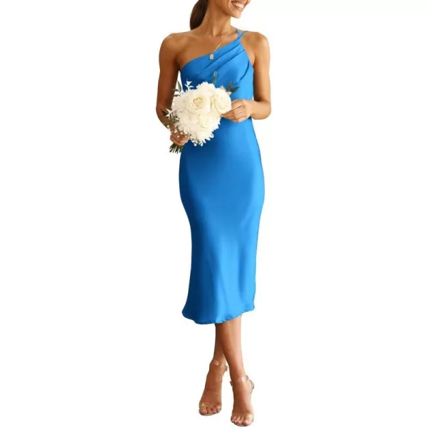 imagePRETTYGARDEN Womens Midi Satin Dress One Shoulder Spaghetti Strap Backless Ruched Summer Bodycon DressesBlue
