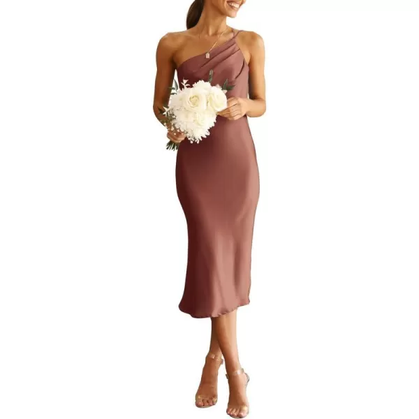 imagePRETTYGARDEN Womens Midi Satin Dress One Shoulder Spaghetti Strap Backless Ruched Summer Bodycon DressesRed Brown
