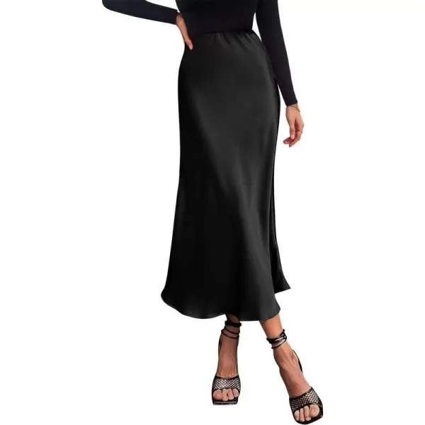 imagePRETTYGARDEN Womens Midi Satin Skirt Dressy Casual High Waisted A Line Flowy Ruffle Elegant Party SkirtsBlack