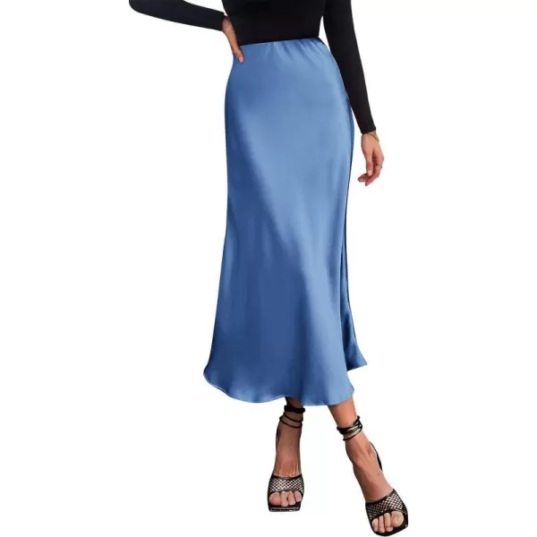 imagePRETTYGARDEN Womens Midi Satin Skirt Dressy Casual High Waisted A Line Flowy Ruffle Elegant Party SkirtsBlue