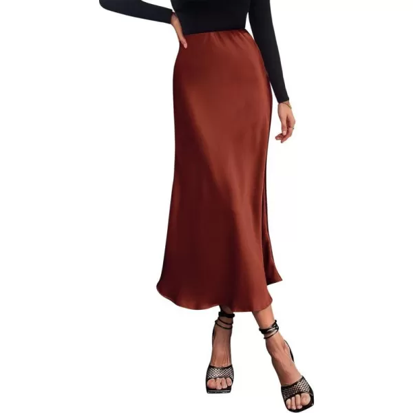 imagePRETTYGARDEN Womens Midi Satin Skirt Dressy Casual High Waisted A Line Flowy Ruffle Elegant Party SkirtsBrown