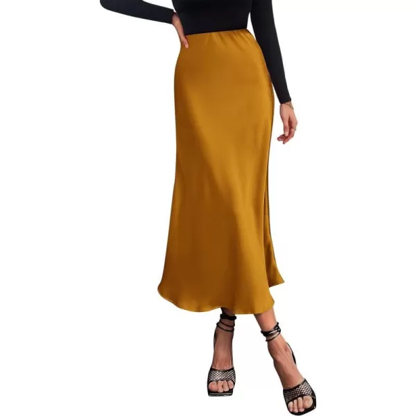 imagePRETTYGARDEN Womens Midi Satin Skirt Dressy Casual High Waisted A Line Flowy Ruffle Elegant Party SkirtsBrown Yellow