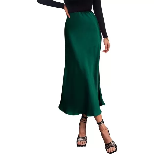 imagePRETTYGARDEN Womens Midi Satin Skirt Dressy Casual High Waisted A Line Flowy Ruffle Elegant Party SkirtsDark Green