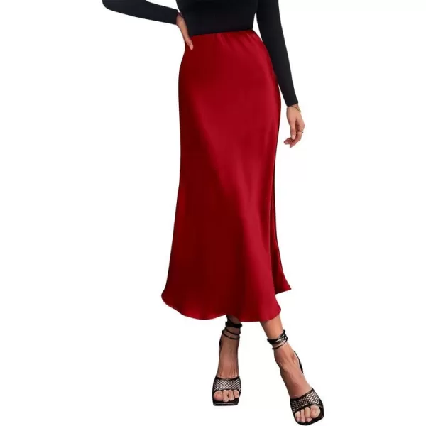 imagePRETTYGARDEN Womens Midi Satin Skirt Dressy Casual High Waisted A Line Flowy Ruffle Elegant Party SkirtsDark Red
