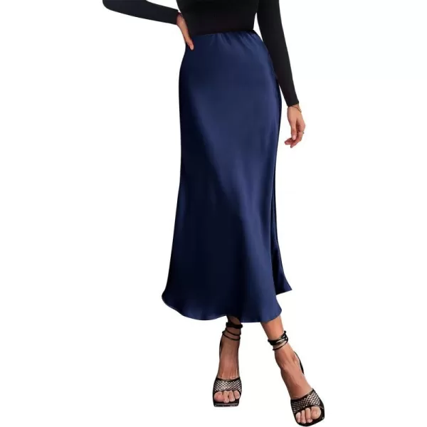 imagePRETTYGARDEN Womens Midi Satin Skirt Dressy Casual High Waisted A Line Flowy Ruffle Elegant Party SkirtsNavy