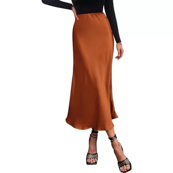 imagePRETTYGARDEN Womens Midi Satin Skirt Dressy Casual High Waisted A Line Flowy Ruffle Elegant Party SkirtsRust Red