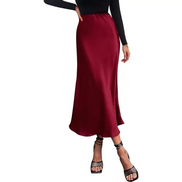 imagePRETTYGARDEN Womens Midi Satin Skirt Dressy Casual High Waisted A Line Flowy Ruffle Elegant Party SkirtsWine Red