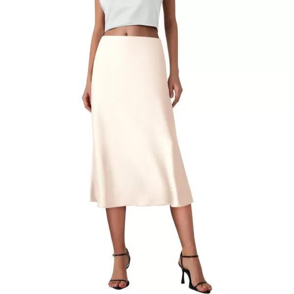 imagePRETTYGARDEN Womens Midi Skirts 2024 Summer Dressy Casual High Waisted Ruffle A Line Silk Satin SkirtsBeige