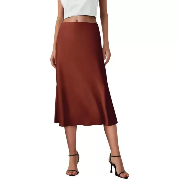 imagePRETTYGARDEN Womens Midi Skirts 2024 Summer Dressy Casual High Waisted Ruffle A Line Silk Satin SkirtsBrown