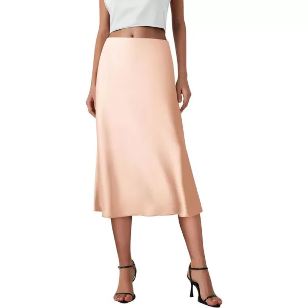 imagePRETTYGARDEN Womens Midi Skirts 2024 Summer Dressy Casual High Waisted Ruffle A Line Silk Satin SkirtsChampagne