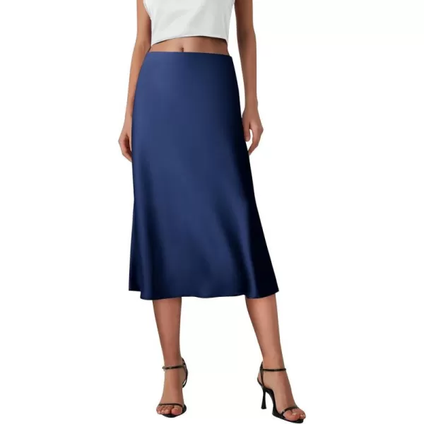 imagePRETTYGARDEN Womens Midi Skirts 2024 Summer Dressy Casual High Waisted Ruffle A Line Silk Satin SkirtsNavy