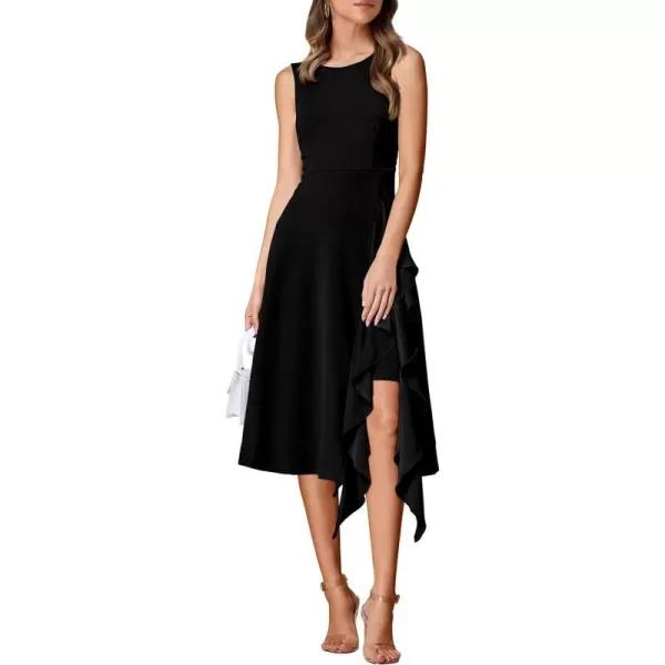 imagePRETTYGARDEN Womens Midi Summer Dresses Sleeveless Flared A Line Asymmetrical Ruffle Flowy Cocktail Party DressBlack
